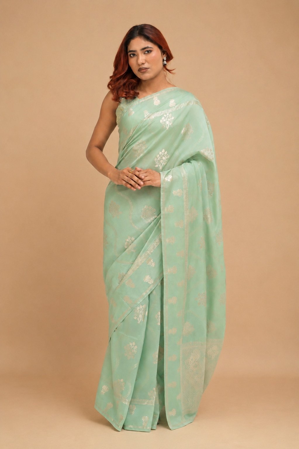 Seafoam Green Banarasi Silk Saree with Wavy Silver Zari buti & Rich Traditional Pallu